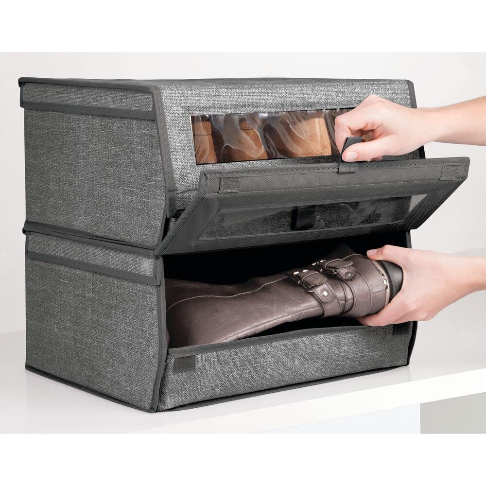 mDesign 8er-Set Schuhaufbewahrung aus Stoff – stapelbare Schuhbox mit Sichtfenster, Klettverschluss und Klappdeckel – große Aufbewahrungsbox für den Schrank oder das Regal – grau