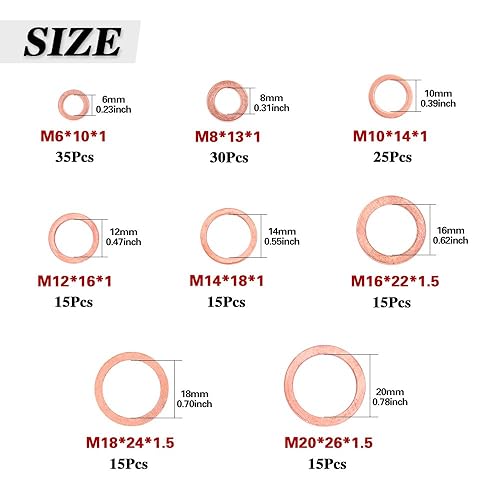 Miniatura 2 de Swpeet Kit surtido de 165 arandelas de sellado métricas de cobre de 8 tamaños, incluye M6 M8 M10 M12 M14 M16 M18 M20 perfecto para conexiones