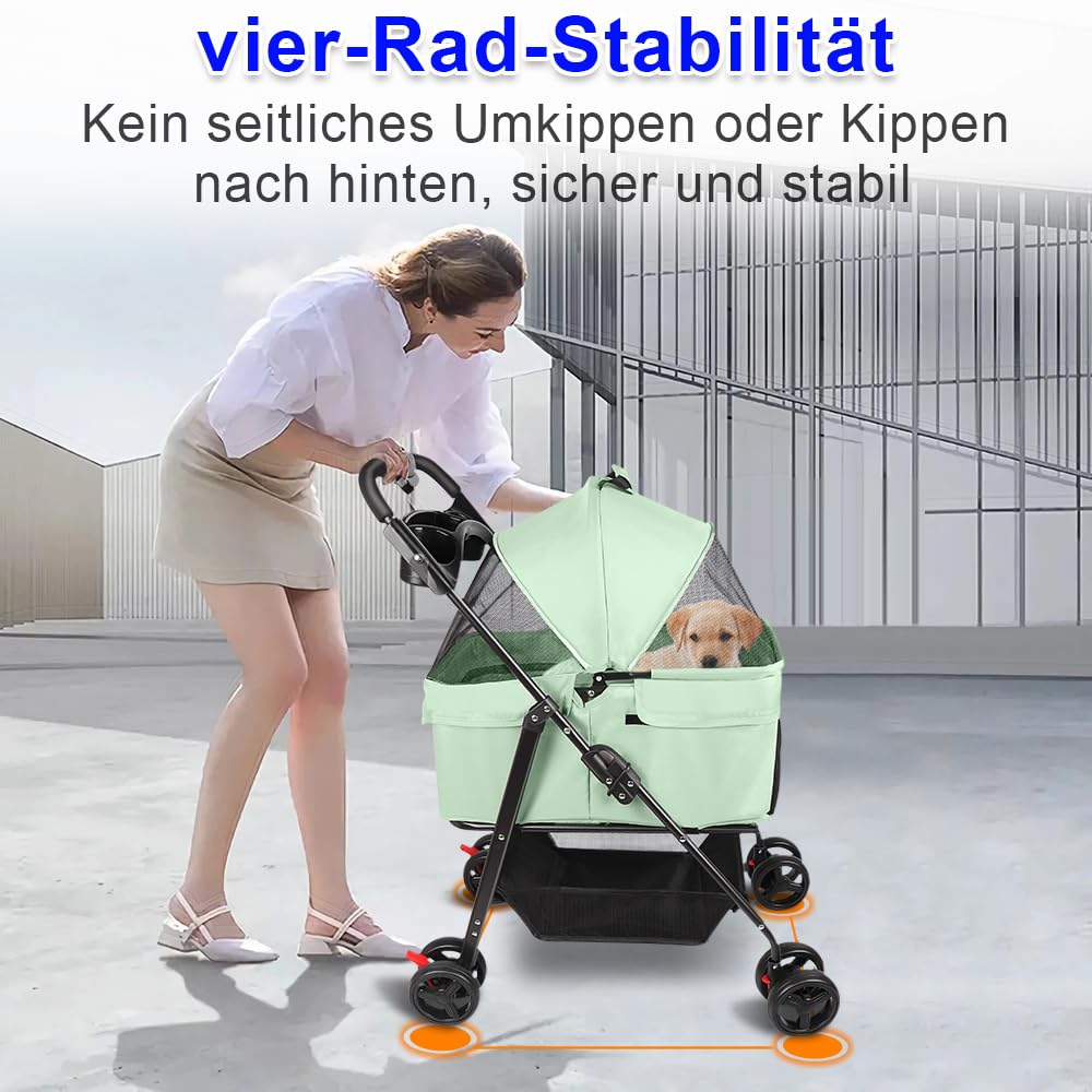 OHMG Faltbarer Buggy für Tiere, faltbar, für Hunde und Katzen, Getränkehalter, Aufbewahrungskorb, inklusive Rollen mit Bremse, 600D Oxford-Stoff, mit abnehmbarer Babywanne, faltbare Transportbox
