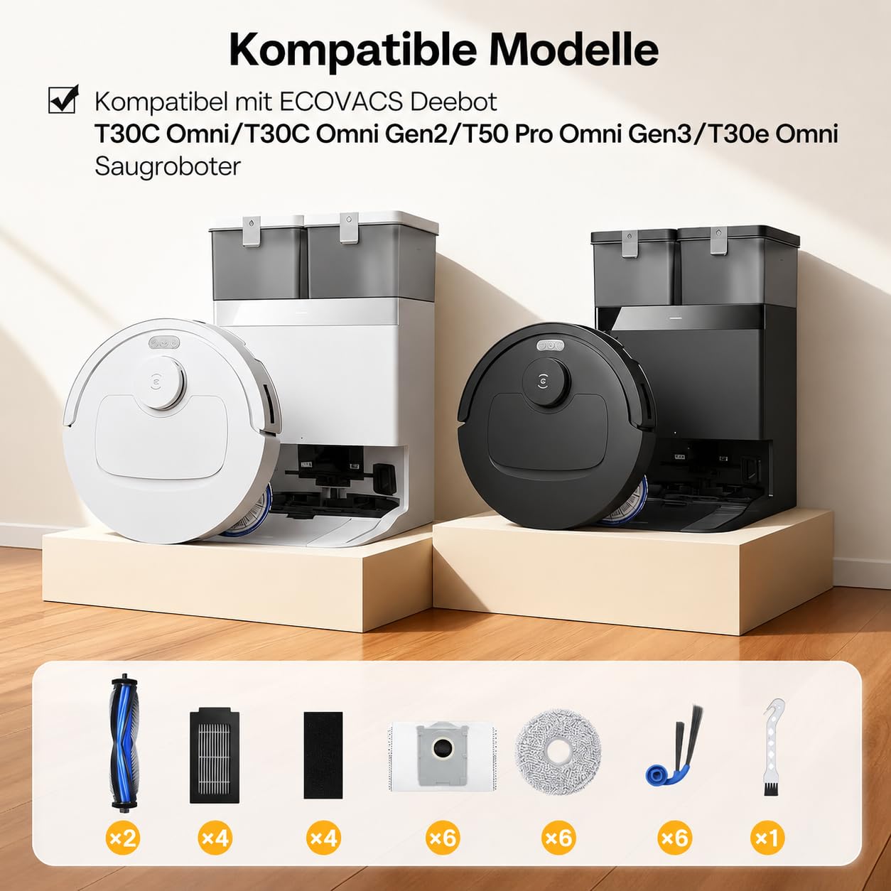 25 Stück Zubehörset für Ecovacs Deebot T30C Omni/T30C Omni Gen2/T50 Pro Omni Gen3/T30e Omni, 2 Hauptbürsten, 6 Wischtücher, 6 Staubbeutel, 4 Filter, 6 Seitenbürsten, 1 Reinigungsbürste