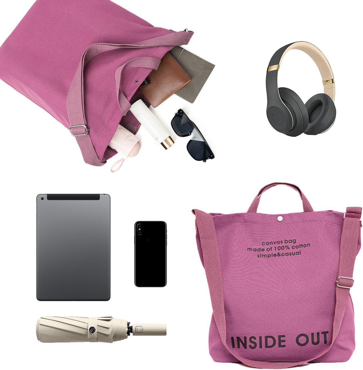 Canvas Tote Bag For Women inside out bag Crossbody Handbag with Adjustable Strap and Coin Purse for Work,Travel,Grocery