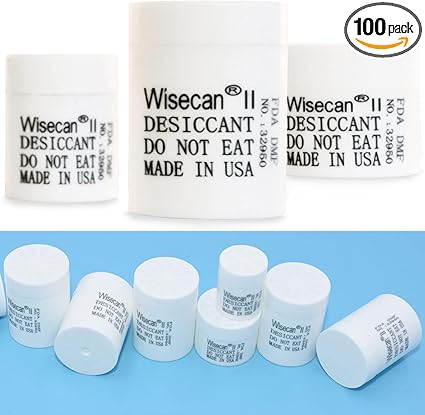 1 Gram 100 Pack Silica Gel Canister, Desiccant Canister, Silica Gel Capsules, Desiccant Capsules, Moisture Absorbers for Food Storage, Food Safe Dehumidifiers Wisecan