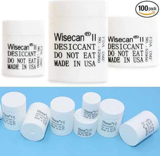1 Gram 100 Pack Silica Gel Canister, Desiccant Canister, Silica Gel Capsules, Desiccant Capsules, Moisture Absorbers for Food Storage, Food Safe Dehumidifiers Wisecan