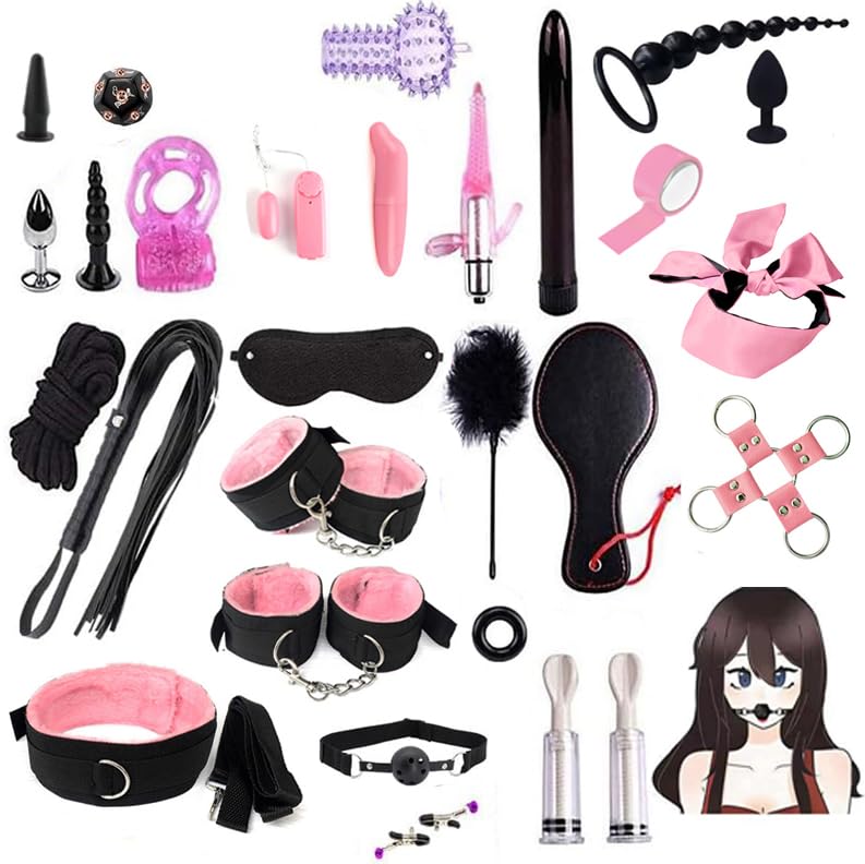 28Pcs Pink Bed Restraints for Ankles and Wrist Bar Set for Couples Sexy Gifts Sex Tie Bed Straps for Adult Play Queen Handcuffs Set Bondaged Rope Cord & Rope Couple Toys Kit for Bed Room Sweatshirt