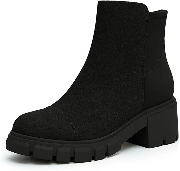 Athlefit Women's Chunky Heel Ankle Boots Platform Lug Sole Elastic Chelsea Short Booties with Side Zipper Black Size 8.5