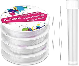 4 Rolls Elastic Stretch Thread for Bracelets, Transparent Beading String with 2 Sizes Big Eye Bead Needles and Needle Bottle, Clear Stretch Cord Thread for Jewelry Bracelet Necklace Making Wire(0.7mm)