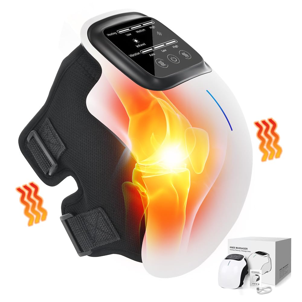 Knee Massager, Infrared Heating and Vibration Massage, Cordless Knee Massager for Joint Pain Relief, 48cm Longer Straps, Type-C Rechargeable, Gift for Family, Friends