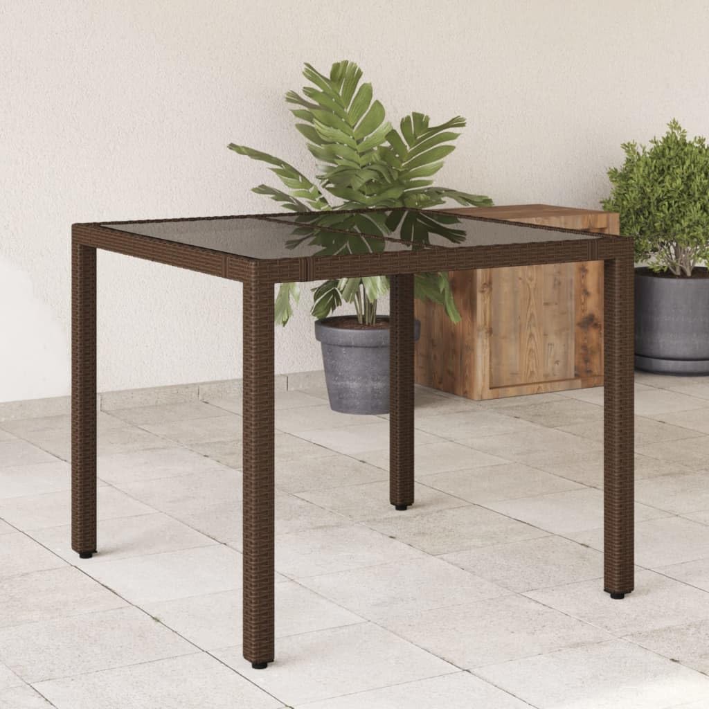Tavolo da giardino in polyrattan marrone con vetro temperato, 90 x 90 x 75 cm, resistente alle intemperie, con telaio in acciaio verniciato a polvere, per cene all'aperto in giardino