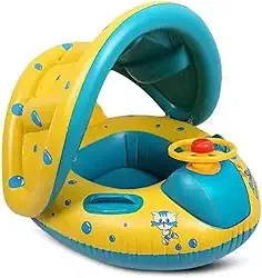 Boia de Bebê com Cobertura Proteção Solar Flutuador para Piscina de Bebês Inflável Infantil Modelo Carrinho com Volante e Buzina