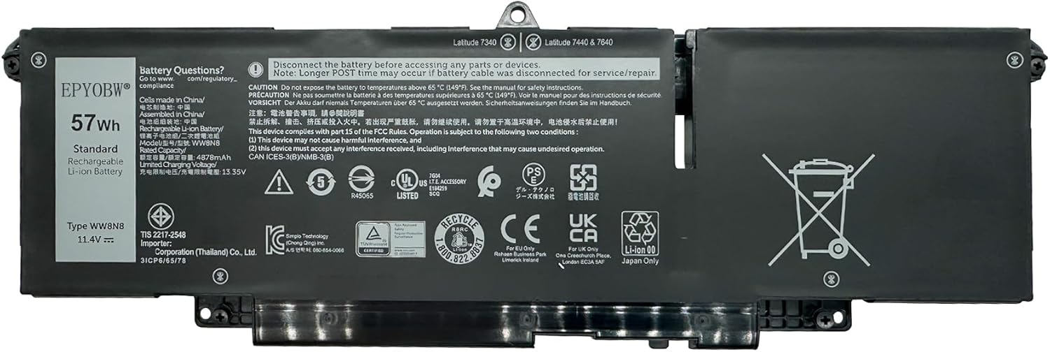 WW8N8 Laptop Battery 57Wh Compatible with DELL Latitude 7340 7350 7440 7450 7640 7650 Series Notebook FH97R 66DWX 0HYH8 0CTJJ6 2ICP6/65/78 3ICP6/65/78
