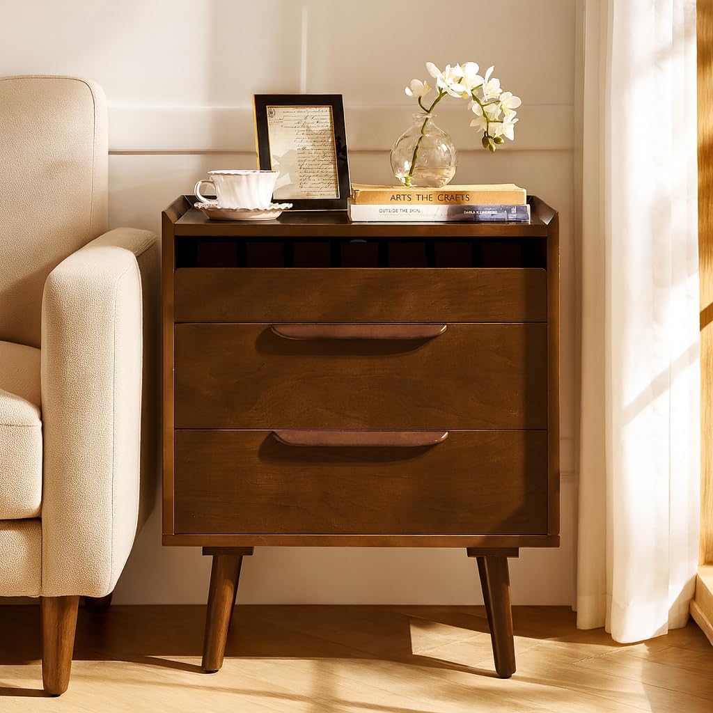 HULALA HOME 2 Drawer End Table with Pull-Out Shelf, Mid-Century Modern End Tables with Wood Legs, Wood Side Table with Charging Station(Walnut)