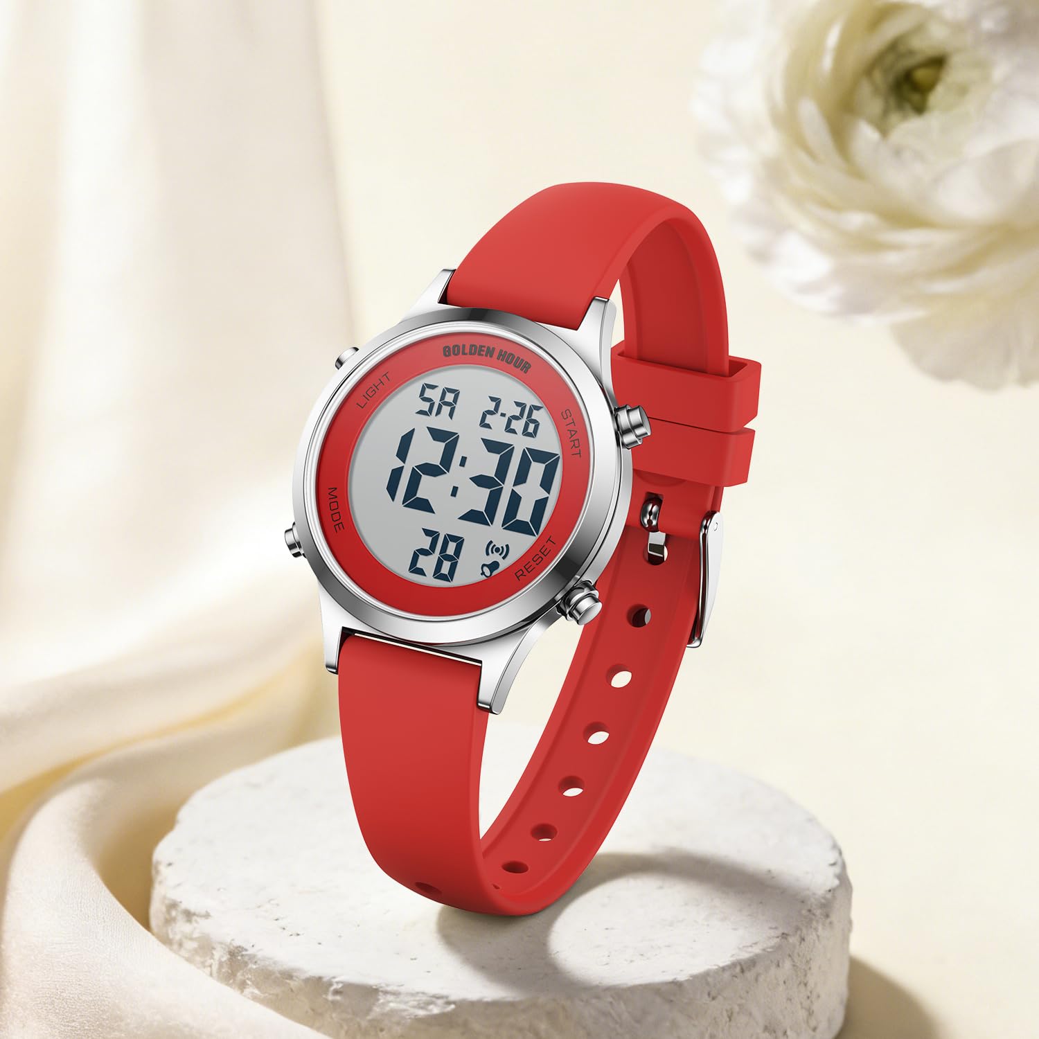 GOLDEN HOUR Orologi digitali da donna impermeabili con cinturino in silicone, cronografo da 32 mm