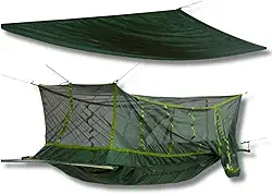 Rede de Selva Militar com Mosquiteiro e Teto – Nylon Poliéster Resistente, Proteção contra Insetos, Compartimento Inferior com Zíper, Até 120kg (Verde Oliva)