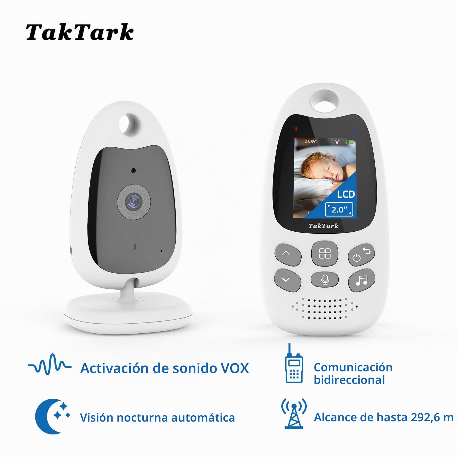 TakTark Vigilabebes con Camara, Inalámbrico Camara Vigilancia Bebe Inteligente Monitor Bebé con LCD 2.0'' y Cámara Visión Nocturna, Comunicación Bidireccional, VOX y Vigilancia de la Temperatura