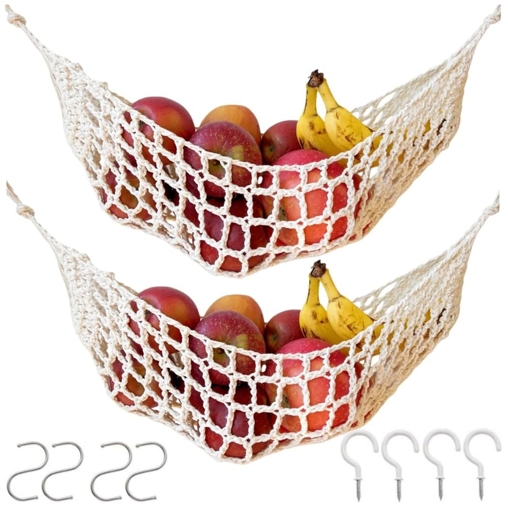 Hndhbfgrt Hand-Woven Boho Fruit Holder-Macrame Under Cabinet Veggie Banana Basket, 2-Pack Hanging Fruit Hammock with Hooks
