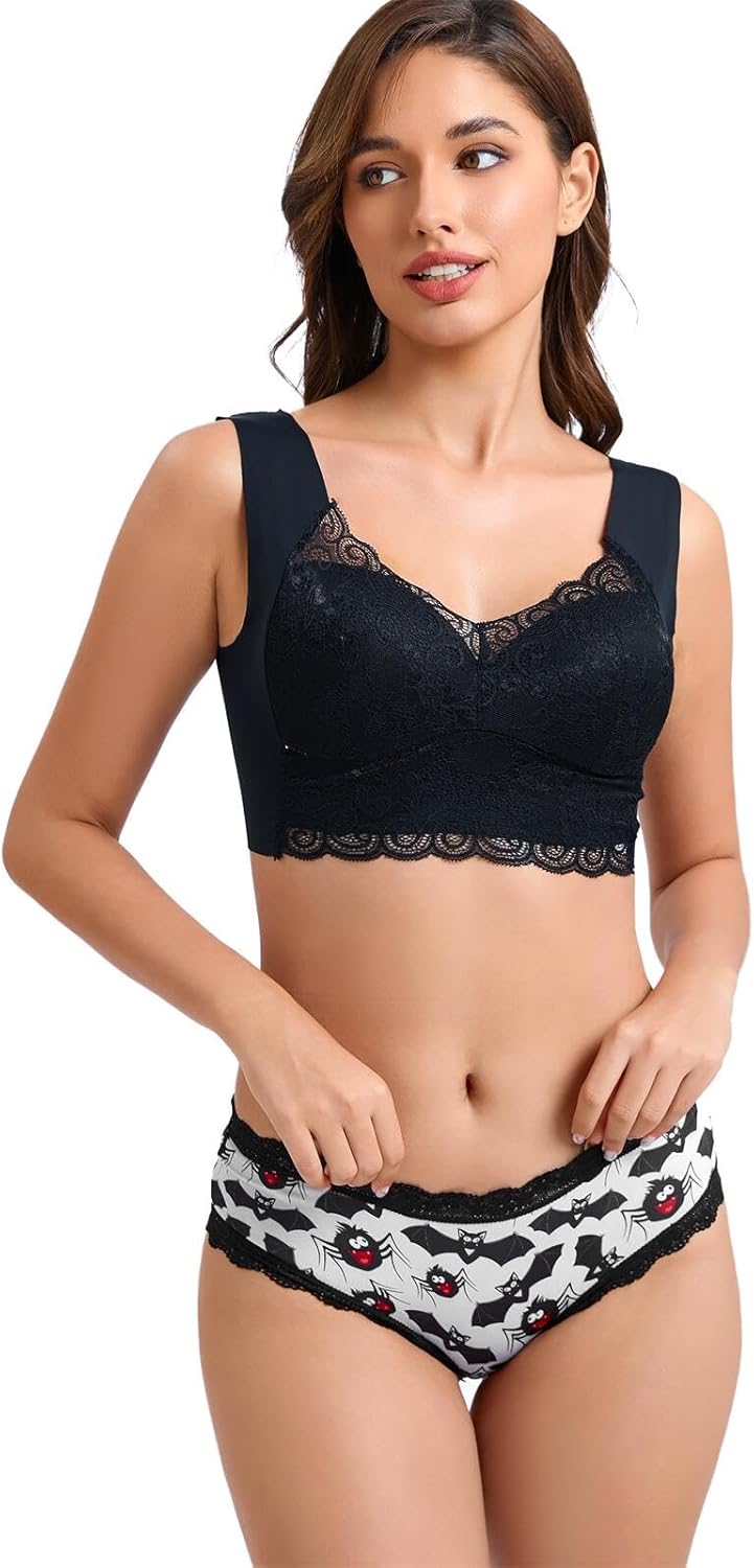 Morvia 10pcs Women's Gothic Contrast Lace Halloween Skull & Rose Print Hipster Panties Assorted Styles - Image 3