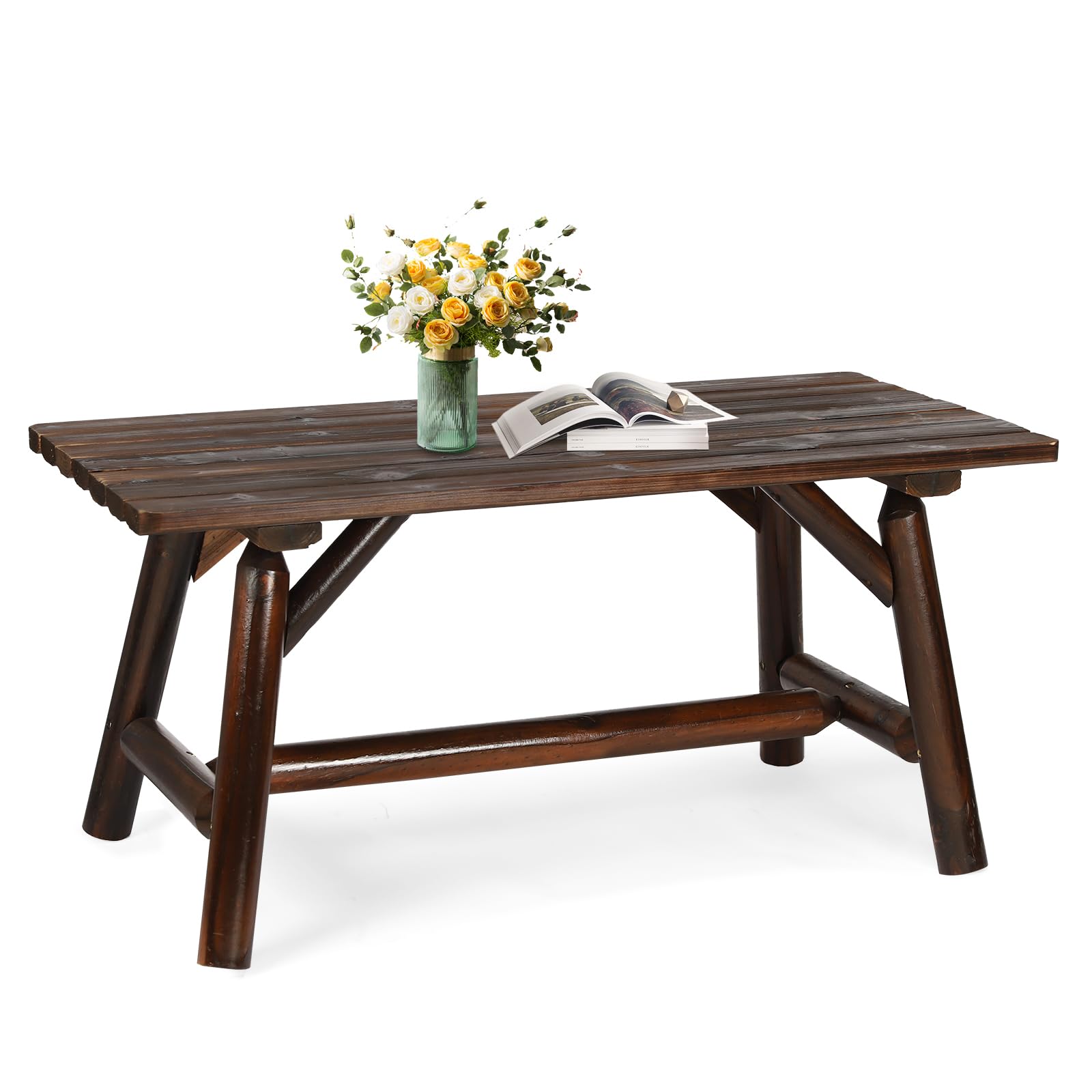 EPICOZY Outdoor Coffee Table, Thick Wooden Patio Adirondack Log Coffee Table with Slatted Tabletop, Wood Rustic Rectangle Center Table for Deck,