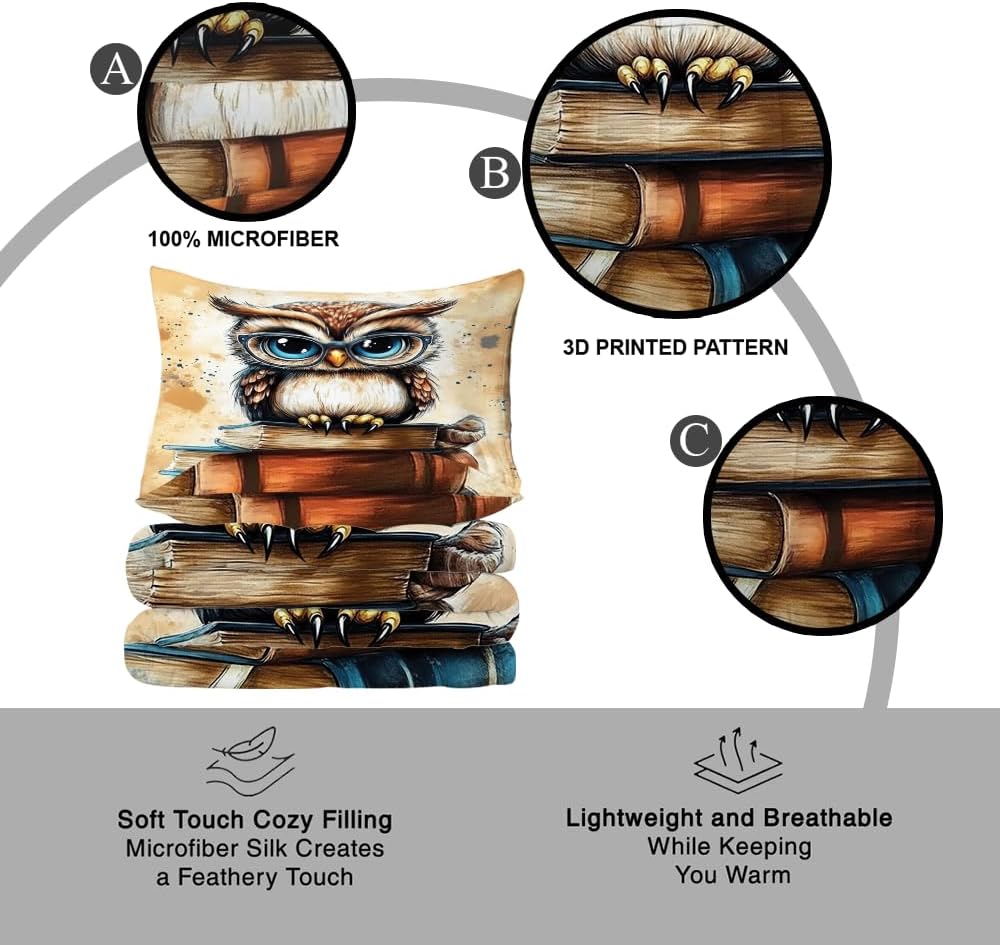 Vintage Owl Bedding Set, King Queen Full Twin Comforter Set Owl, Owl Kids Bedding Lightweight Soft for Men Women Room Decor