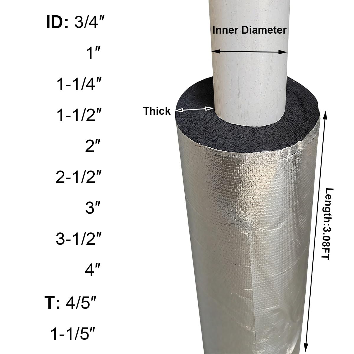 Tubo isolante autoadesivo per tubi da 1,9 cm a 10,2 cm ID involucro in schiuma impermeabile, copertura per tubi in alluminio (ID 1-1/2 ″xT 1-1/5 ″)