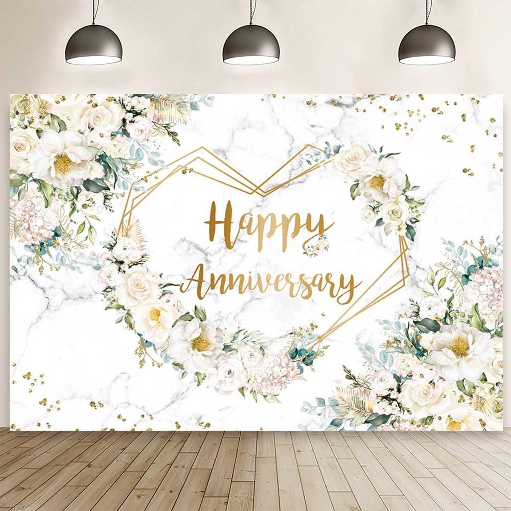 MEHOFOND 7x5ft Happy Anniversary Backdrop White Floral Wedding Anniversary Photography Background Hearts Geometric Couple Wedding Bridal Shower Women Birthday Party Cake Smash Decor Studio Photo Prop