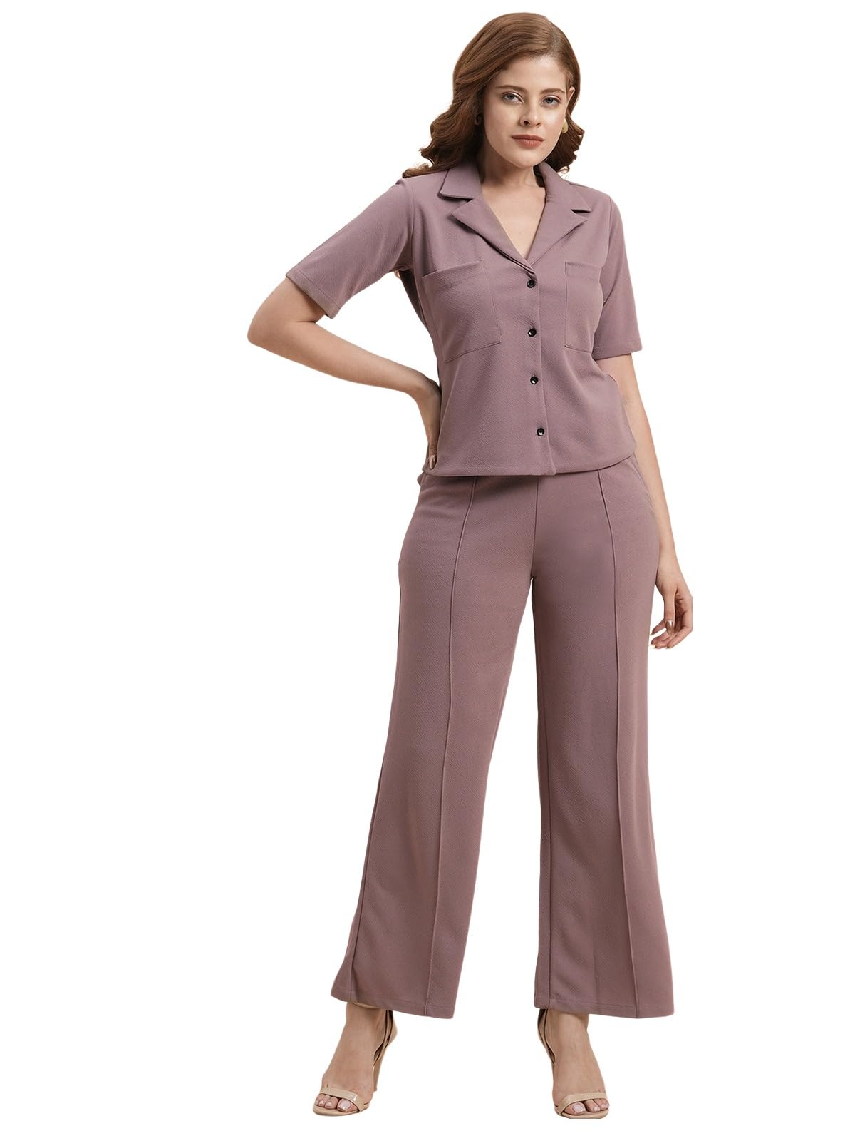 Selvia Co-Ords Set For Women|Lycra Shirt And Trouser Set|Casual Co-Ords Set For Women|Two Piece Co-Ord Set|Office Wear Co-Ords Set(717Ctk11721N-S_Mauve)