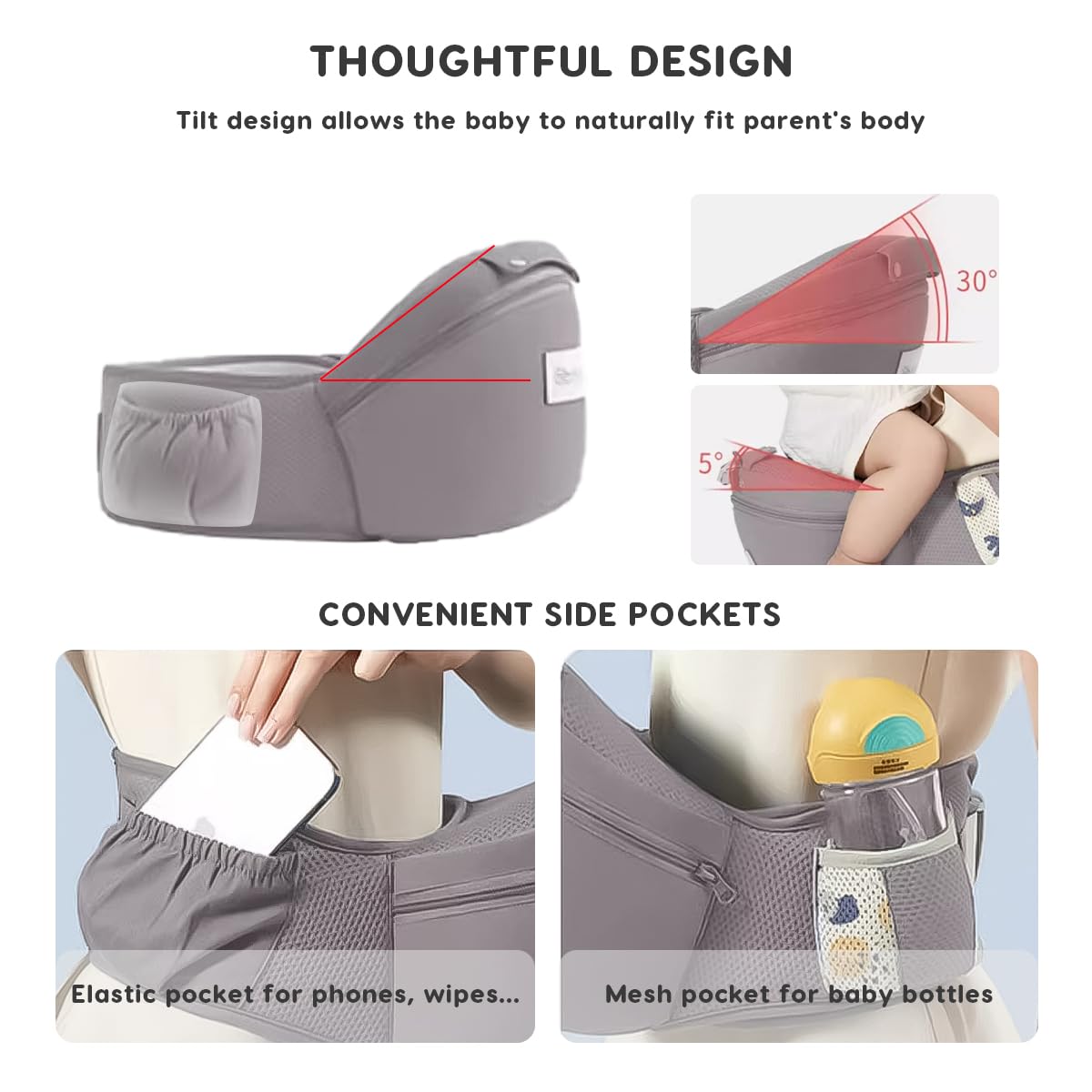 SONARIN 3 in 1 Traspirante Marsupio Neonati con Sedile,Portantina Multifunzionale Ergonomico Porta Bambino Fascia Porta Bebè Multi-Posizioni per Neonati Bambini 0-36 Mesi(Grigio)
