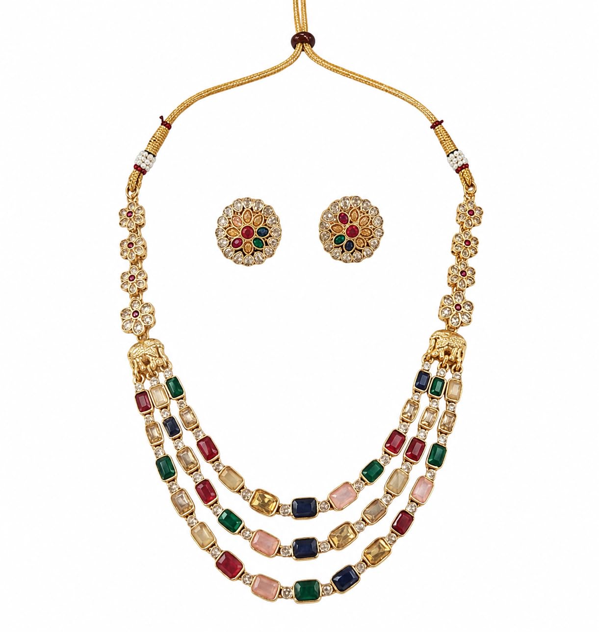 temu india Gold Plated Multicolor Stone Layered Necklace Set with Stud Earrings – Traditional Ethnic Wedding & Festive Jewelry for Women-picture-27