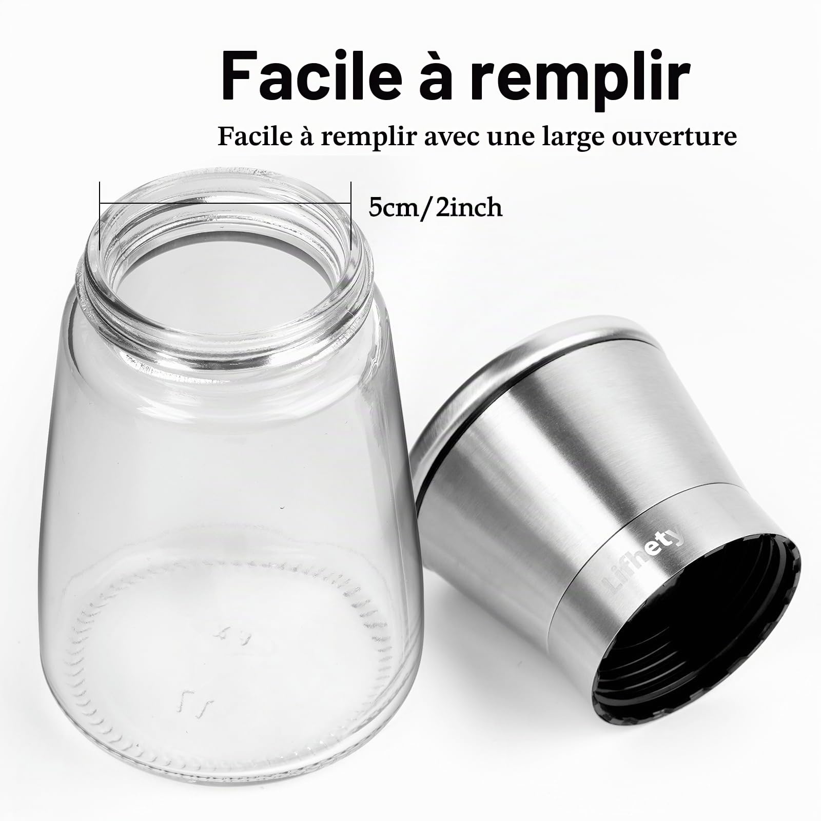 Lot de 2 Moulins à Poivre et Sel avec Broyeur Céramique Réglable, Salière et Poivrière Manuelle, Verre et Inox