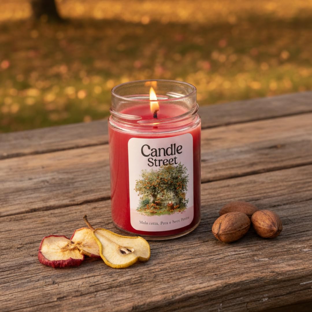 Candle Street | Herbstfrucht - Herbst Postcards | Duftende Herbstkerze | Gekochter Apfel, Birne und Pekannuss | Lange Brenndauer | Natürliches Sojawachs | Handgefertigt in Italien (Mega)