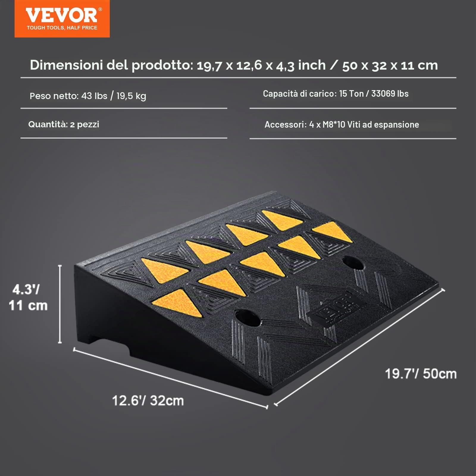 VEVOR Rampa per Soglia in Gomma capacità Carico Max. 15 Tonnellate 2 Pezzi, Rampa per Soglia Superficie Antiscivolo Buchi per Drenaggio Altezza 11 cm Rampa Soglia Antiscivolo per Salita Facile 2 Pz