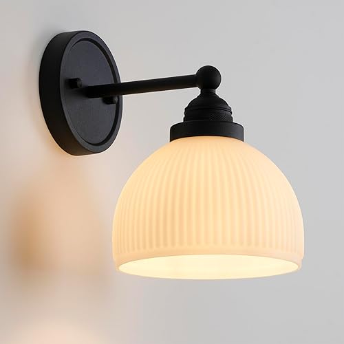 Aplique de pared vintage de 1 luz con pantalla de globo de vidrio a rayas blancas, lámpara de pared interior para sala de estar, dormitorio, cocina,