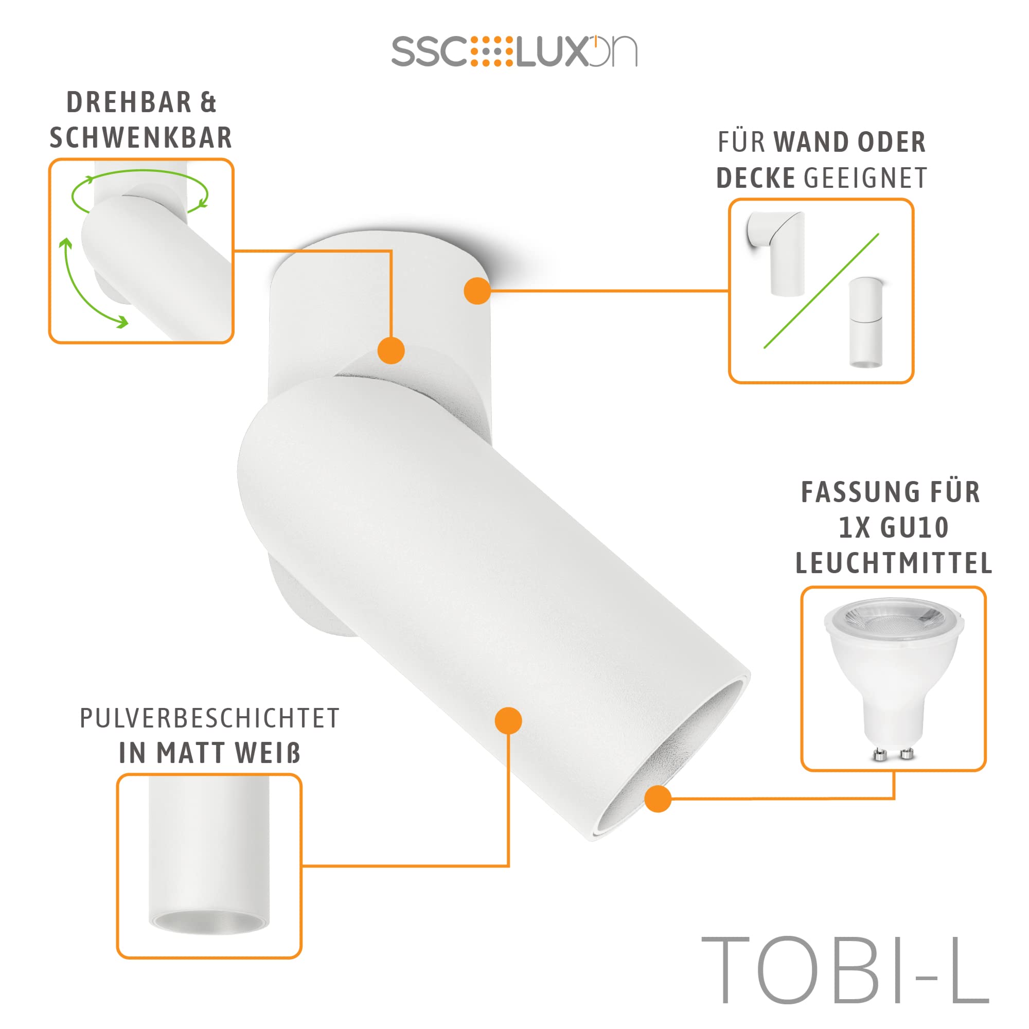 SSC-LUXon TOBI-L Deckenstrahler 3 Stück Wand & Decke weiß | Drei weiße Spotstrahler für Wand & Decke - dreh- & schwenkbar bis 350°, Zylinder-Design, GU10 Fassung (ohne Leuchtmittel)