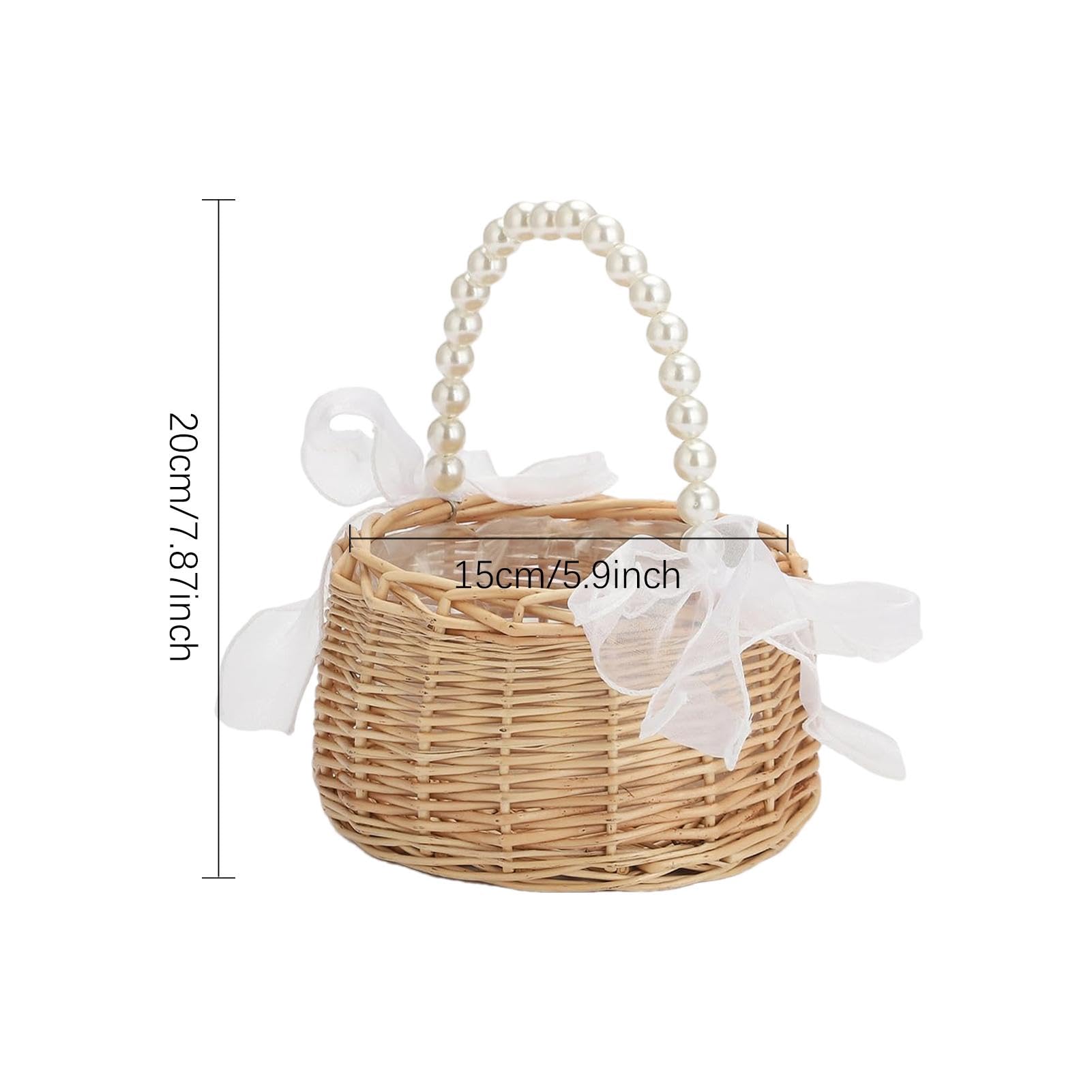 Wicker Rattan Flower Girl Basket, Small Pearl Handle Flower Girl Basket, Wedding Flower Girl Basket and Home Decorations