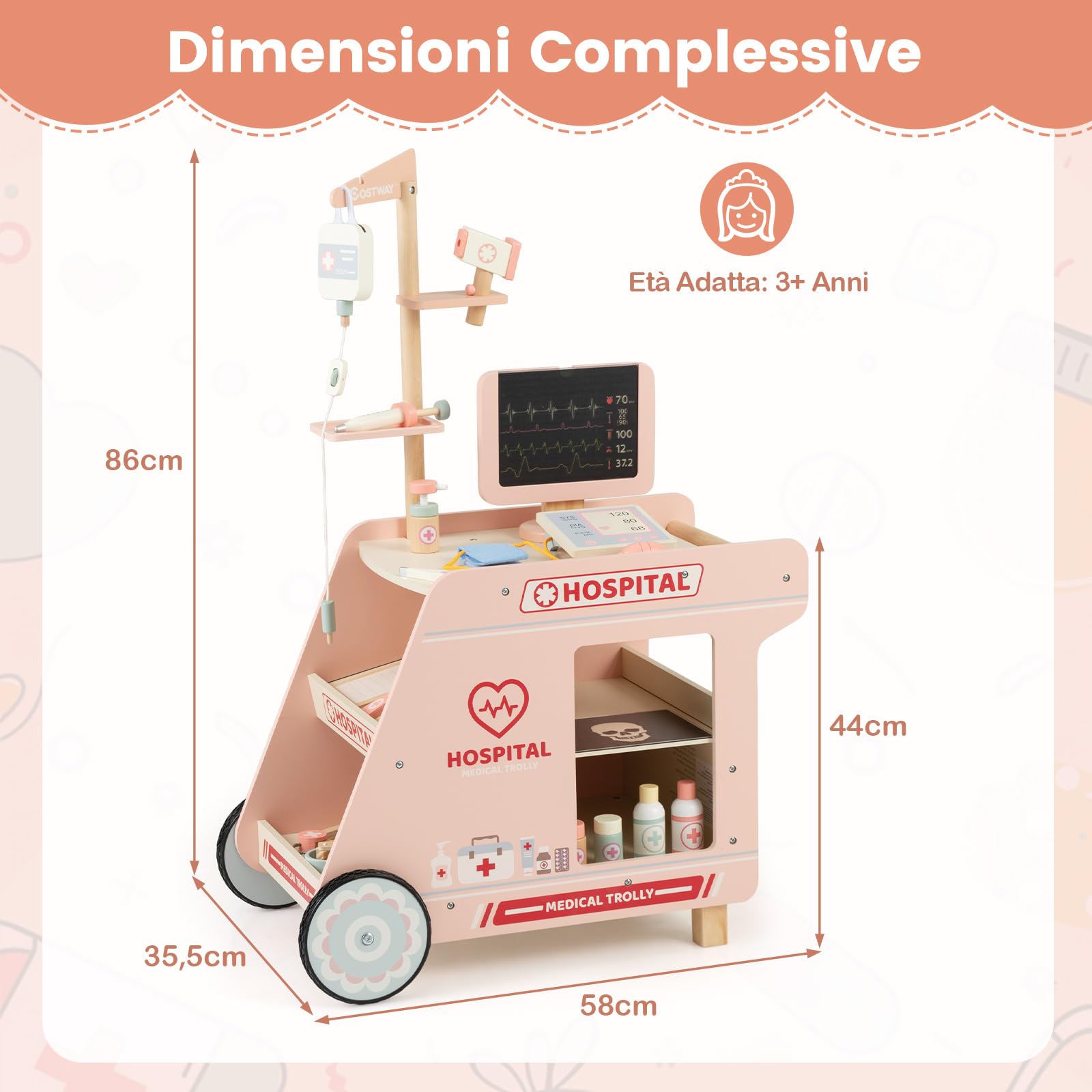 COSTWAY Kit Medico Giocattolo, Centro Medico per Bambini in Legno con Carrello, Macchina TC, Stetoscopio e Accessori Completi, Set Dottoressa Gioco Educativo, Regalo per Bambini 3+ Anni
