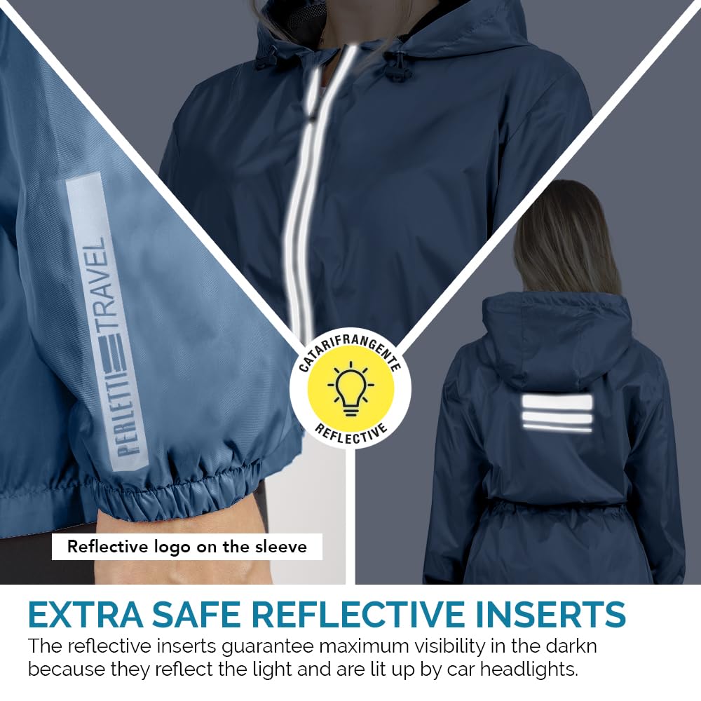PERLETTI Chubasquero Mujer Cortaviento Ligero con Cremallera - Impermeable Mujer con Capucha Detalles Reflectantes - Chaqueta Trench Deporte Transpirable Waterproof Reutilizable Mujeres