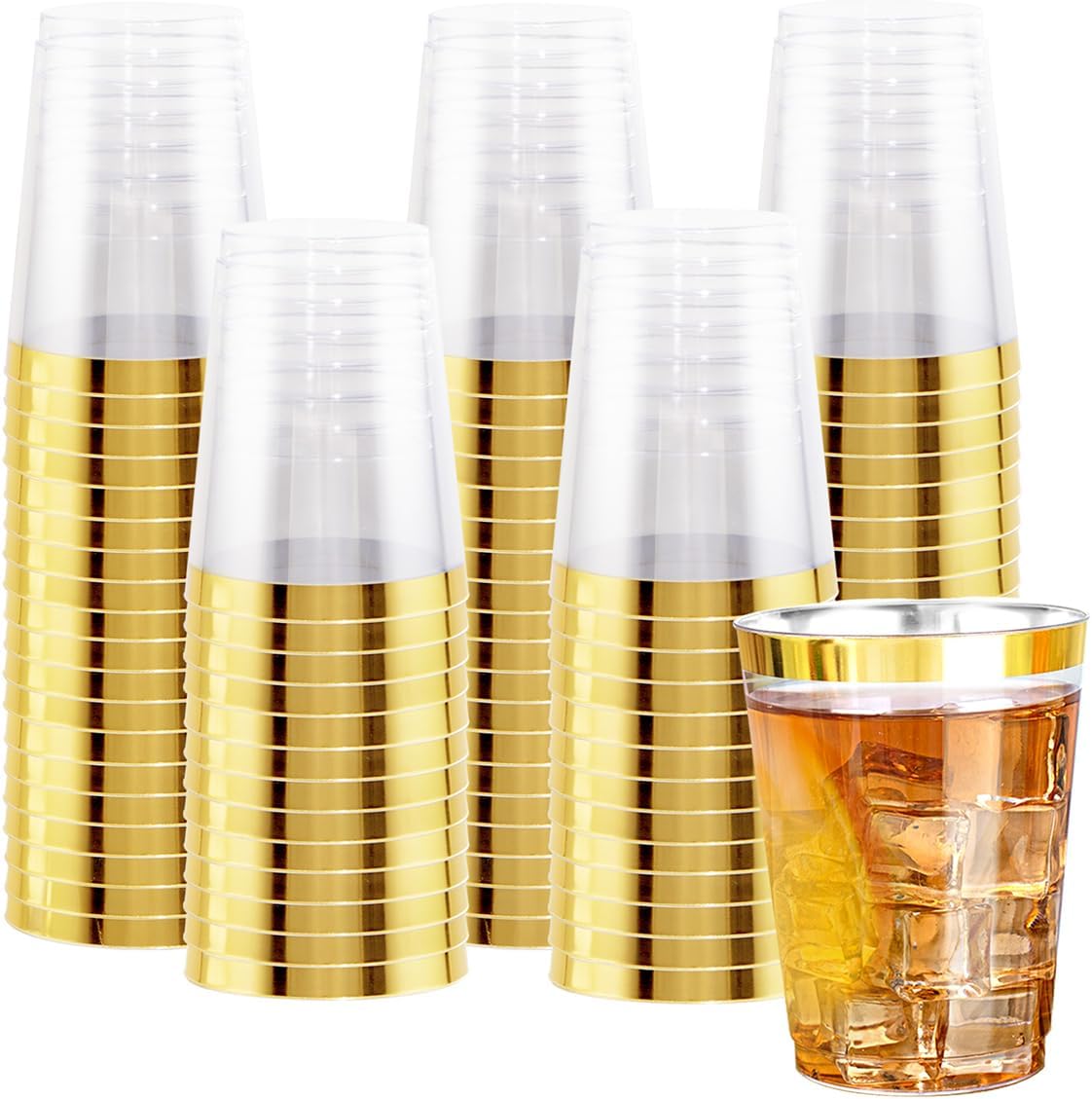 Ciaell 120PCS Gold Plastic Cups - 10Oz Heavy Duty Clear Plastic Cups with Gold Rim - Gold Rim Disposable Cups for Wedding, Birthday