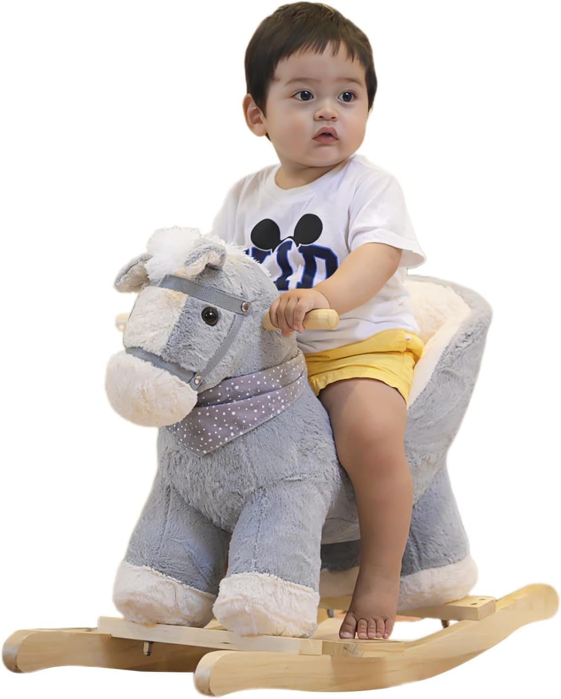 Rock My Baby Plush Rocking Horse - Soft Stuffed Body,Safety Seat Chair, Wooden Rockers, Music Button – Toddler Ride-On Toy for Ages 1–3 (Grey pony)