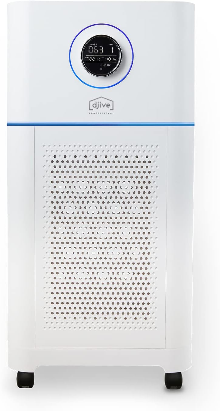 djive PURE 800 purificador de aire y humidificador contra el 99,995% de virus, polvo, humo, polen, filtro HEPA 14 y carbón activado, UVC, hasta 100 m², con app y Alexa, para alérgicos, silencioso