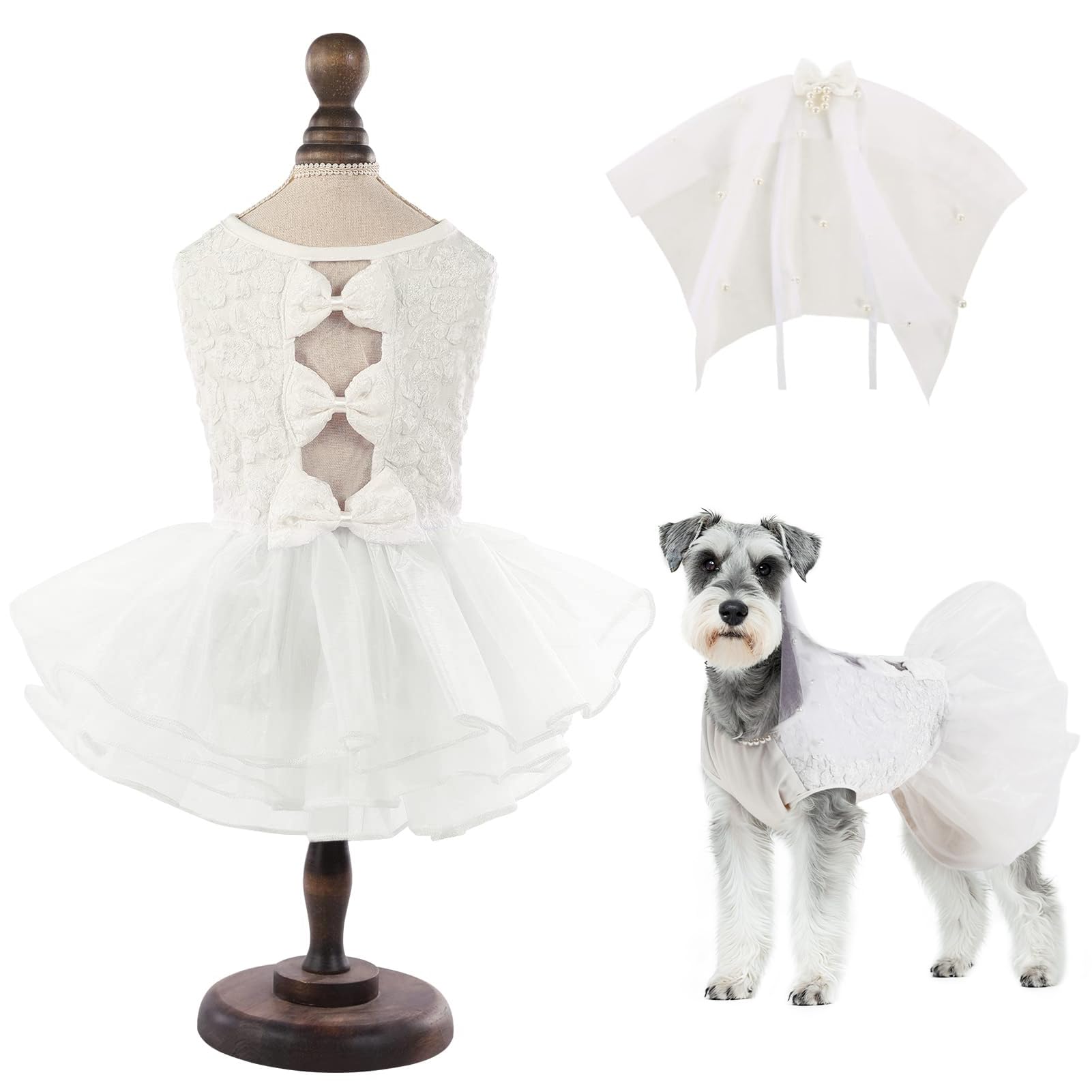 ASENKU Dog Dress, Dog Wedding Dress, Pet Lace Princess Dress with Bows for Wedding Birthday Party, Puppy Formal Apparel with Pearl Necklace for Medium
