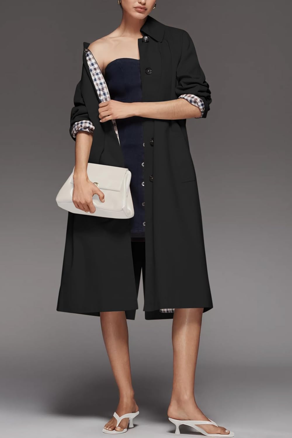 Windproof Women's Long Single Breasted Trench Coat Oversized Style with Checkered Lining All-Season Fashion Outerwear - Image 3