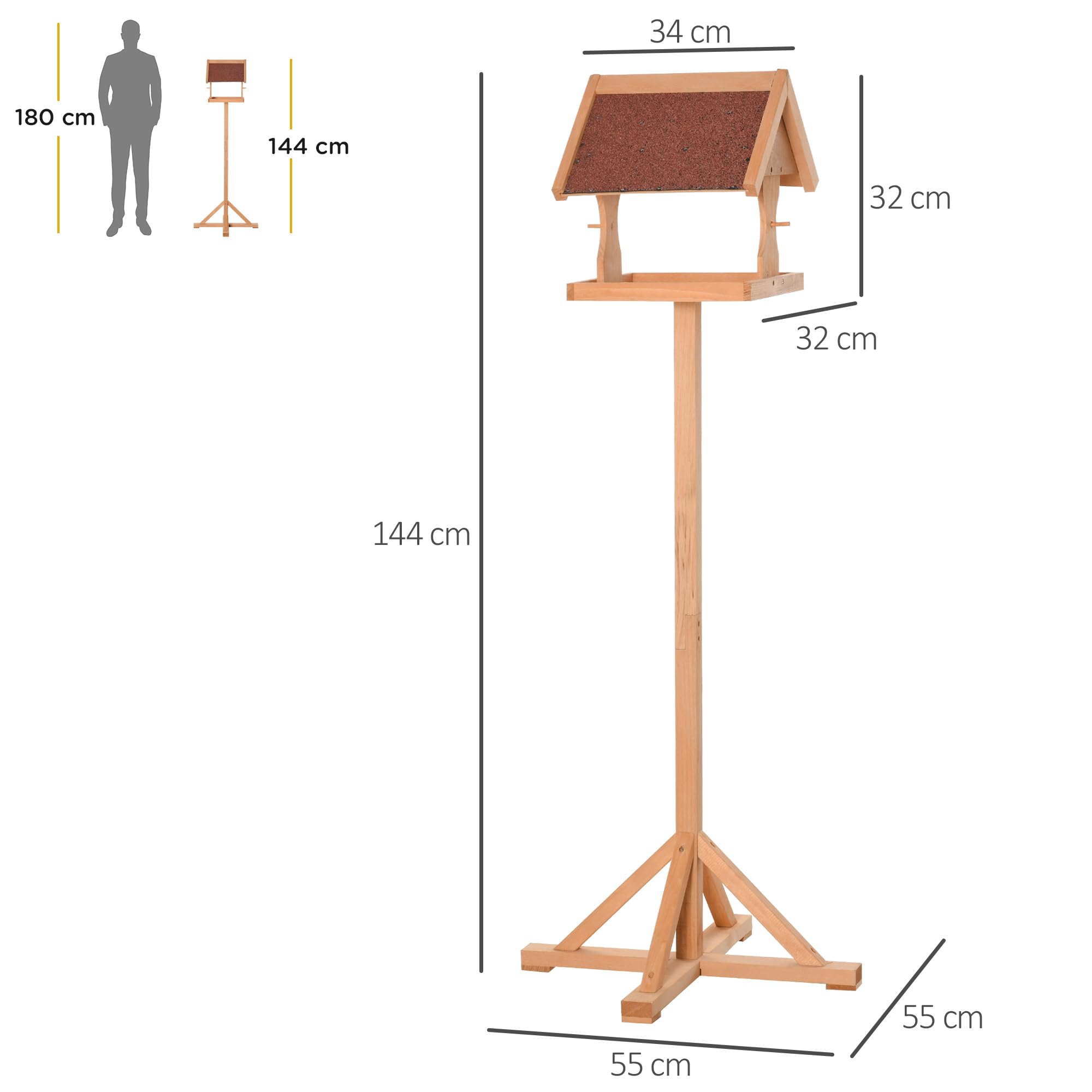 PawHut Mangeoire Oiseaux Extérieur sur Pied 55 x 55 x 144 cm Bois Naturel