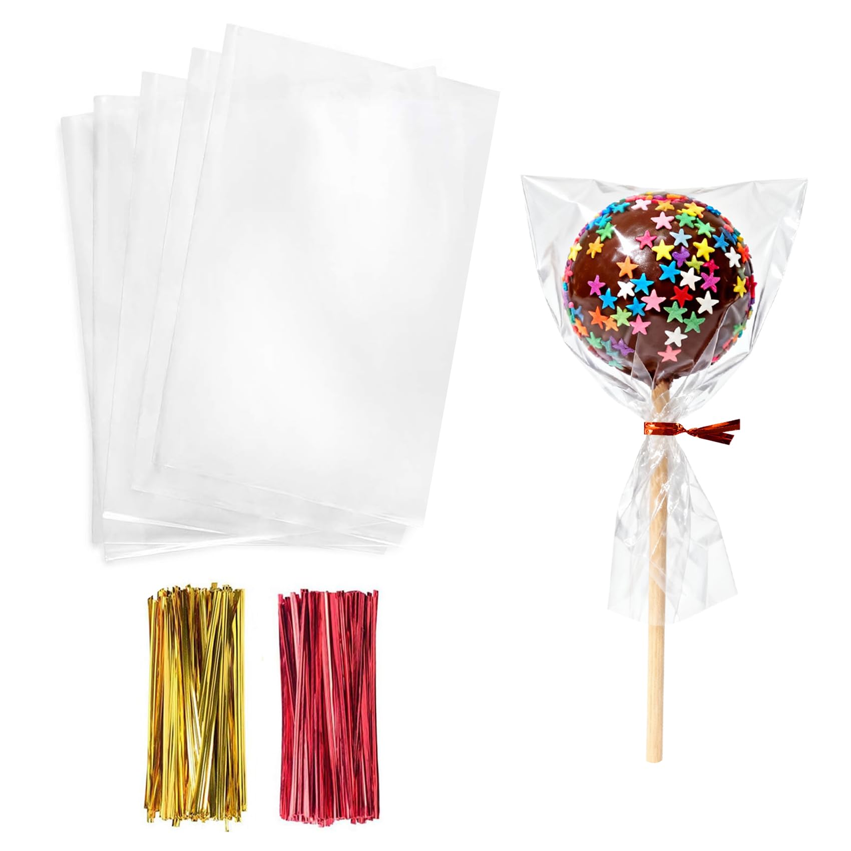 Morepack Cello Cellophane Treat Bags,200 PCS 3x5 Inches Clear Cake Pop Lollipop Bags with Twist Ties