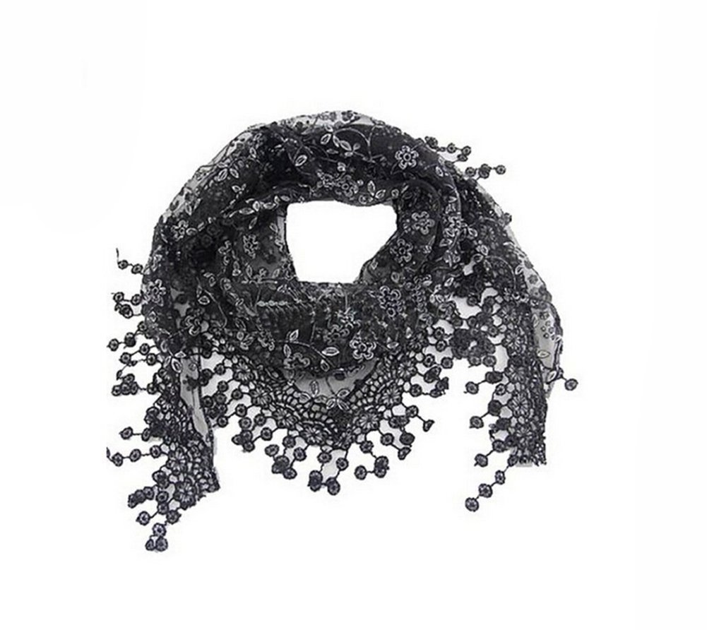 Fsstud Women's Black Elegant Soft Lace Hollow Tassel Scarves Triangle Long Wrap Shawl Scarf