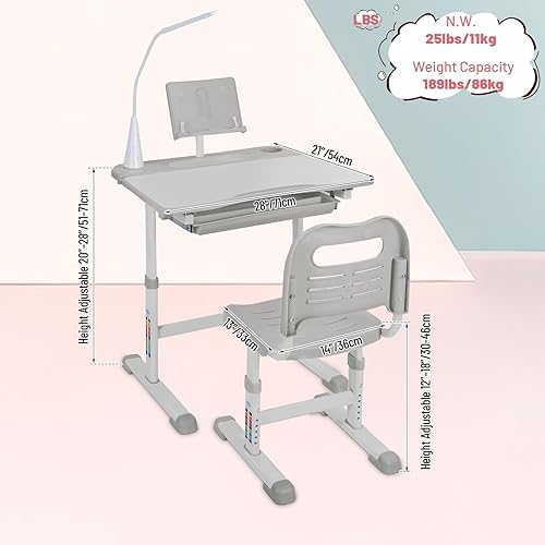 Miniatura 2 de Juego de escritorio y silla para niños, mesa de estudio de escuela en casa para niños de altura ajustable con cajón de almacenamiento, luz LED,