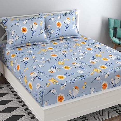 adegia Prime Collection 160TC Glace Cotton Supersoft Printed Double Bedsheet with 2 Matching Pillow Covers (Multicolour, 90 x 90 Inch)-Grey Tulip1-Gold