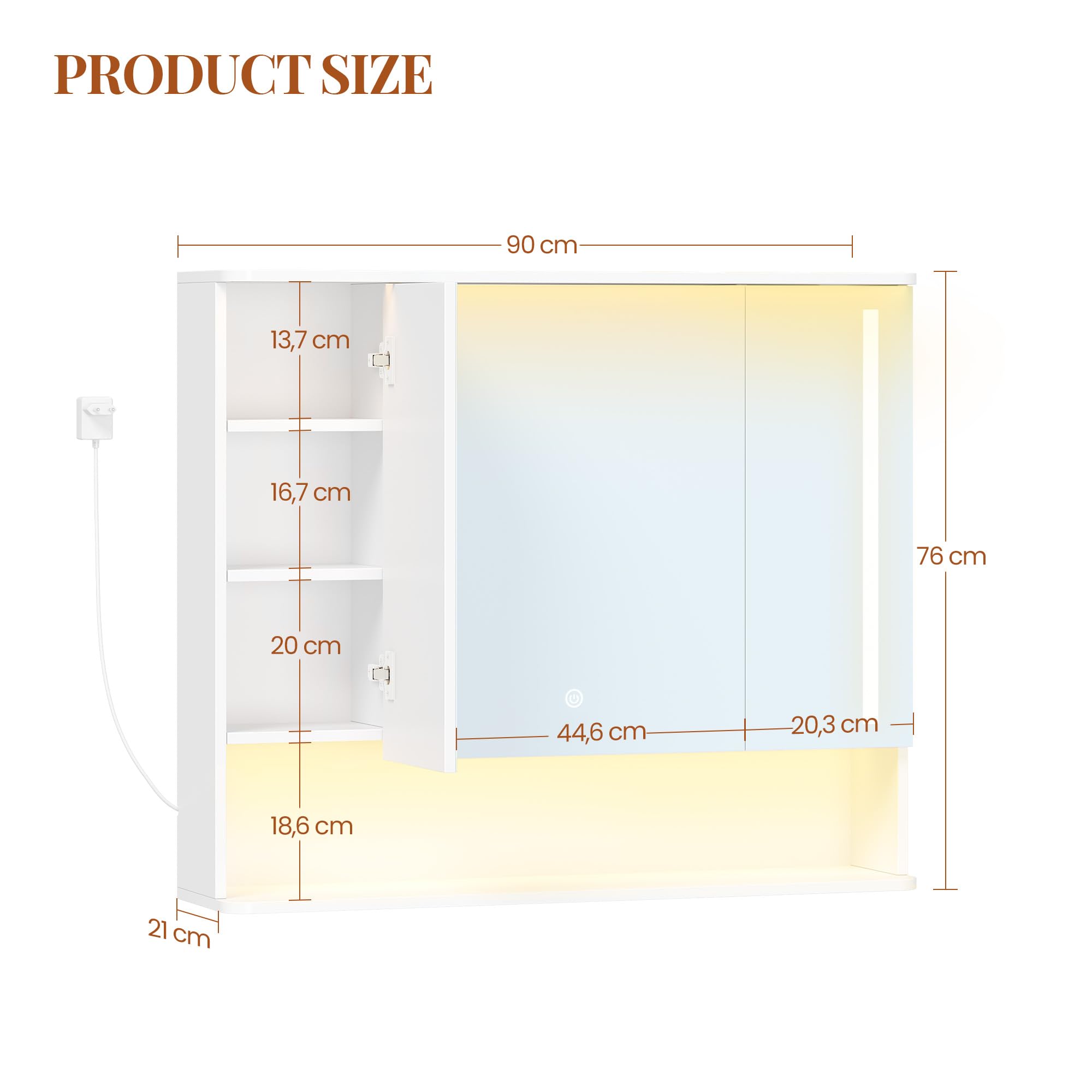 Hzuaneri Armario de Baño con LED, 3 Color, 3 Puertas, 21 x 90 x 76 cm | Iluminación LED Superior e Inferior, Mueble Baño con Estantes Ajustables, 5490103XEU