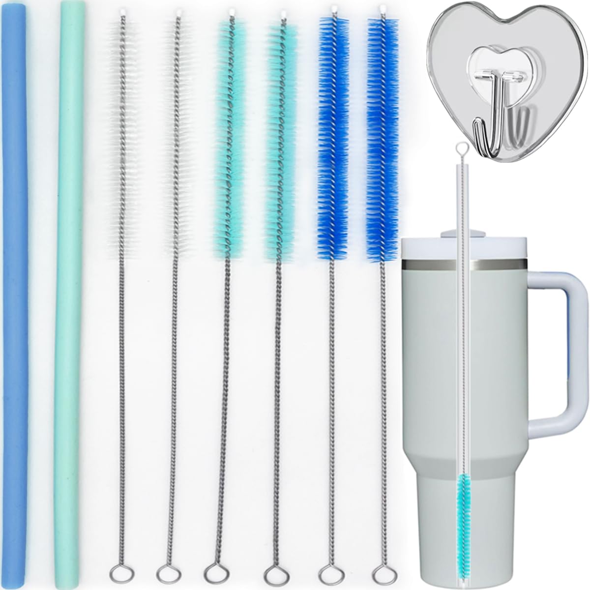 Straw Cleaner Brush Straw Brush for 40 oz Stanley Straw Cleaner Brush Extra Long 12 inch, Nylon Stainless Steel Small Cleaning Brush—Blue&Cyan Series