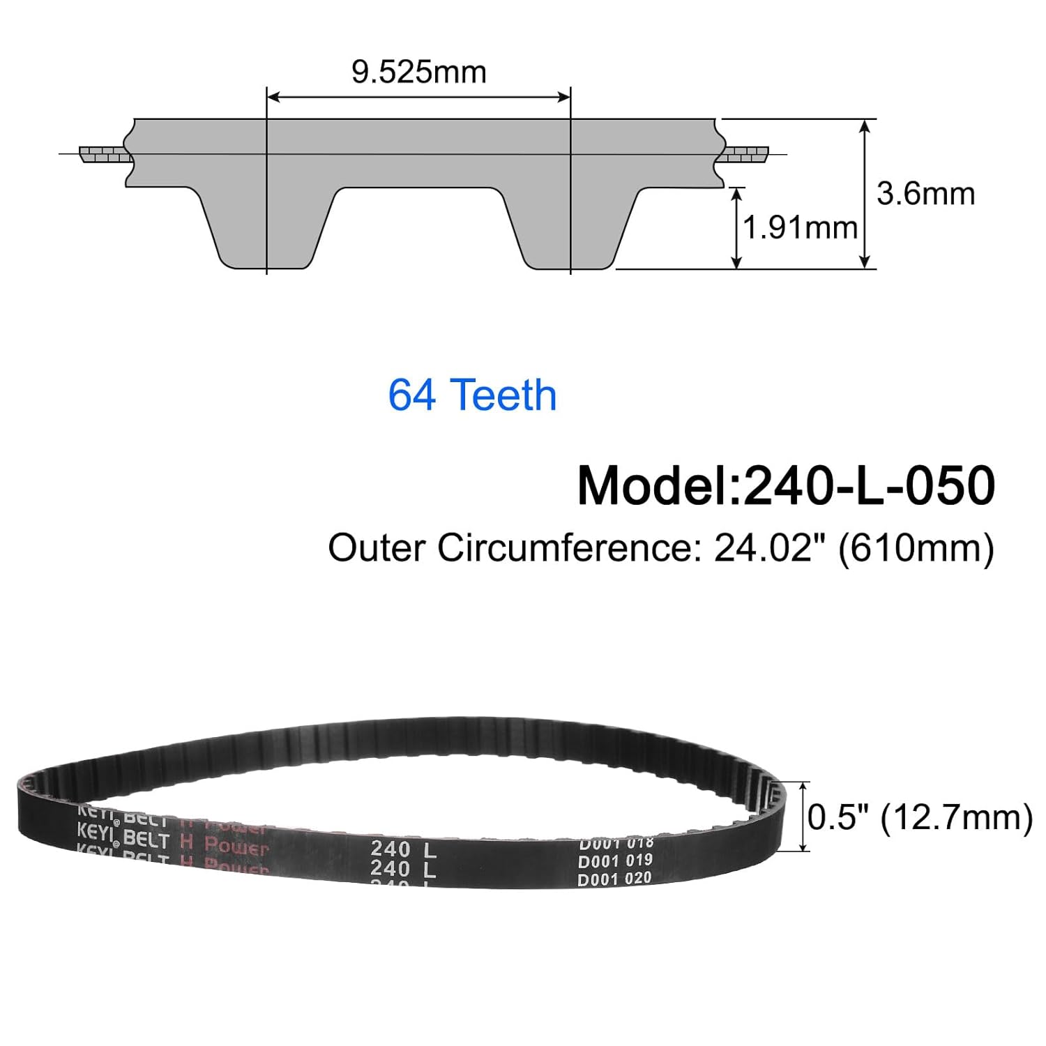 uxcell 240-L-050 L Timing Belt 24" Pitch Length x 0.5" Width x 0.18" Height, 64 Teeth Closed Loop Rubber Timing Belt