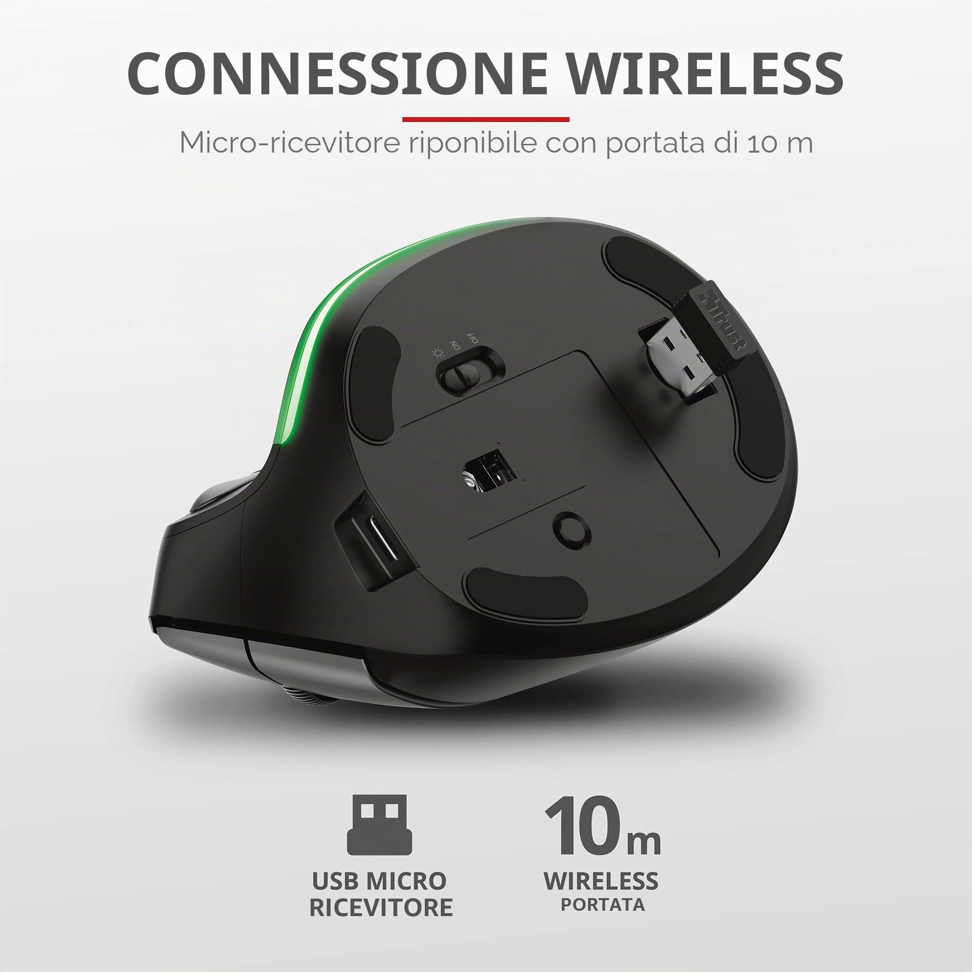Trust Bayo Mouse Verticale Wireless Ricaricabile, Mouse Ergonomico Senza Filo, 800-2400 DPI, RF 2.4GHz, 6 Pulsanti, Ricevitore USB, Portata 10 m, Luce RGB, per PC, Computer, Laptop, Mac - Nero
