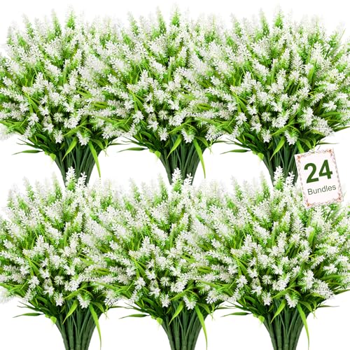 Image of Bassion 24 Bundles Artificial Flowers for Outdoors Fake Lavender, White | UV resistant, plastic faux lavender with monkey grass, outside planter window box garden patio front porch home decor